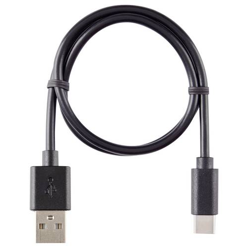 Ein schwarzes USB-Kabel mit USB-A- und USB-C-Stecker, um elektronischen Geräteanschluss zu zeigen.
